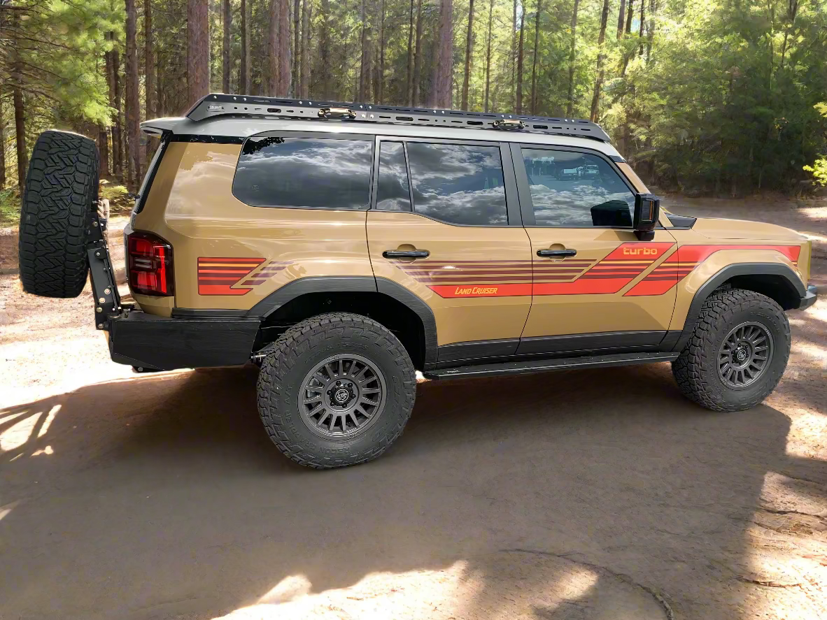 Beige SUV with red accents on a dirt road in a forest